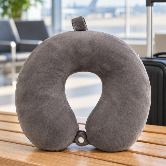 T&CO charcoal grey soft plush U-shaped memory foam travel neck pillow with front snap button and top carry handle