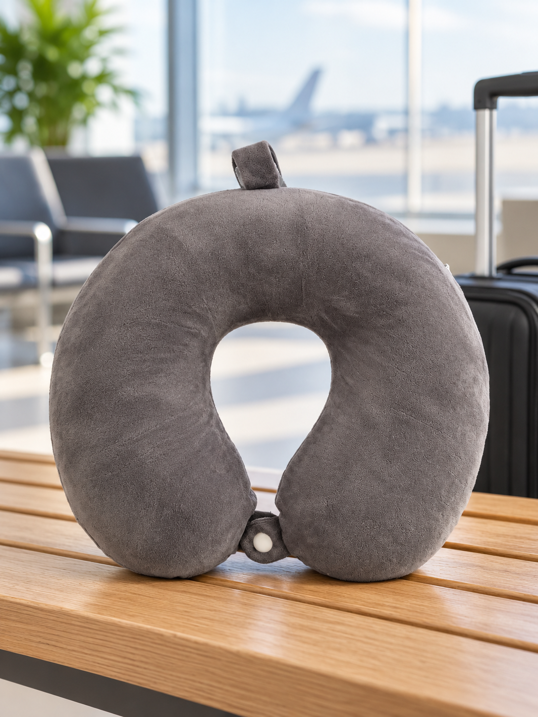 T&CO charcoal grey soft plush U-shaped memory foam travel neck pillow with front snap button and top carry handle