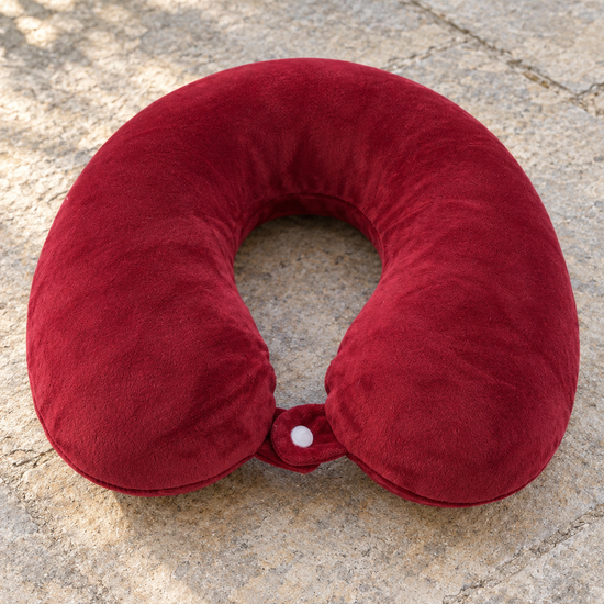 T&CO rich burgundy red velvet plush U-shaped memory foam travel neck pillow with front snap button clasp
