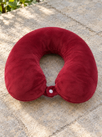 T&CO rich burgundy red velvet plush U-shaped memory foam travel neck pillow with front snap button clasp