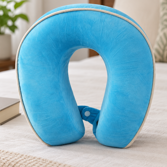 T&CO vibrant cyan blue ergonomic contoured memory foam travel neck pillow with white edge piping trim and snap closure strap