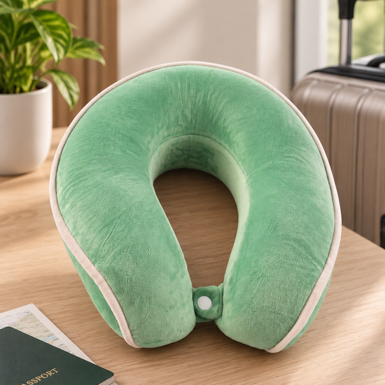 T&CO mint green contoured memory foam travel neck pillow with white edge piping and snap strap closure