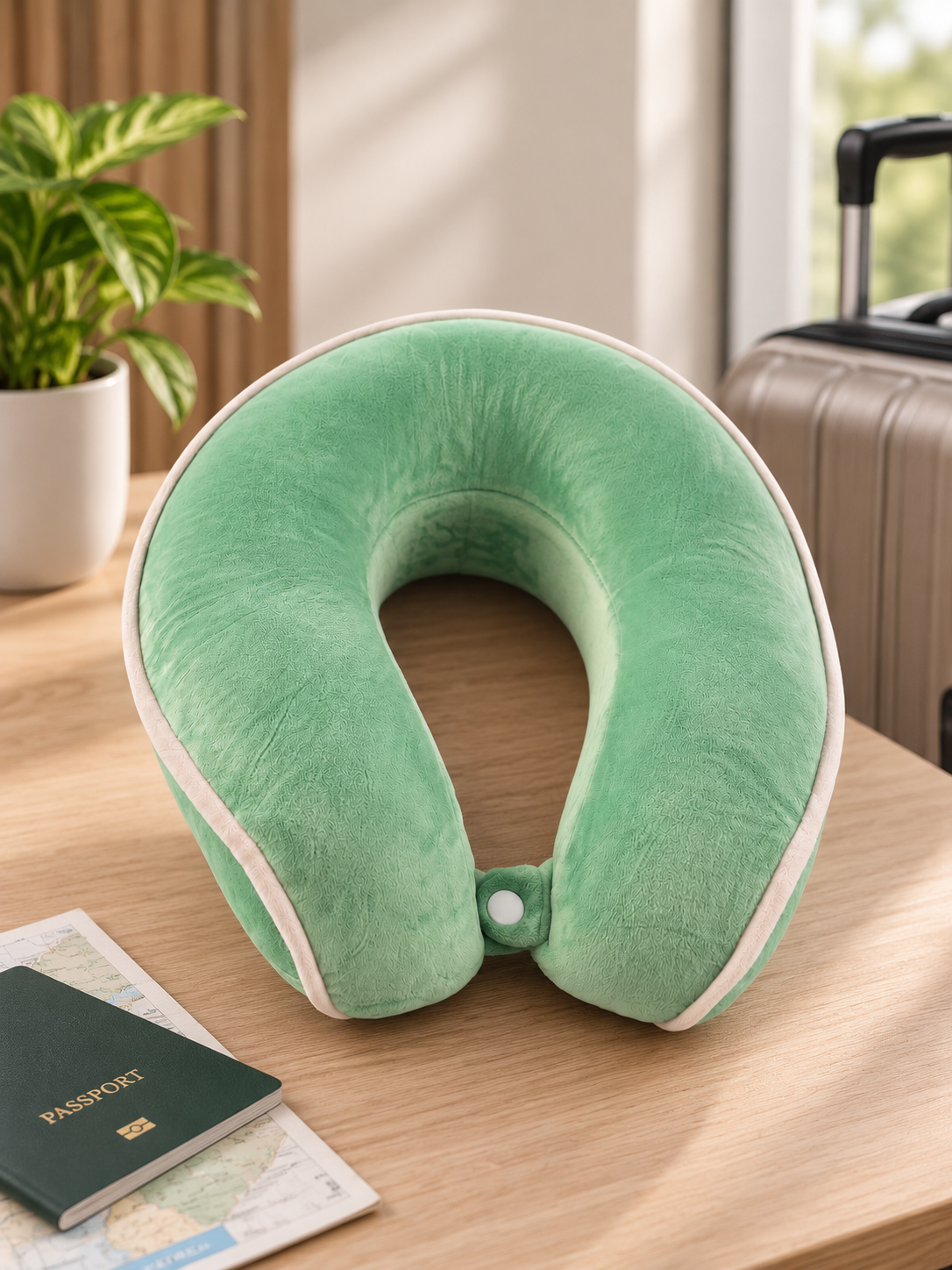 T&CO mint green contoured memory foam travel neck pillow with white edge piping and snap strap closure