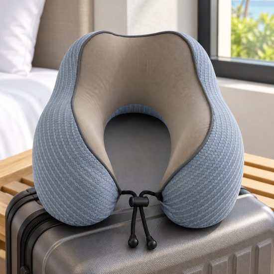 T&CO slate blue textured knit memory foam travel neck pillow with taupe interior lining and adjustable toggle cord