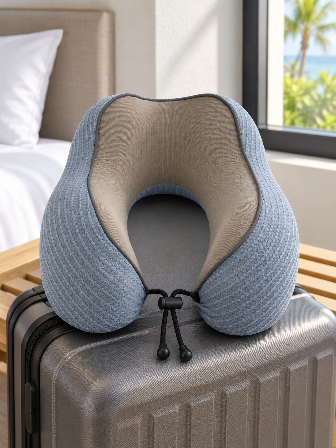 T&CO slate blue textured knit memory foam travel neck pillow with taupe interior lining and adjustable toggle cord