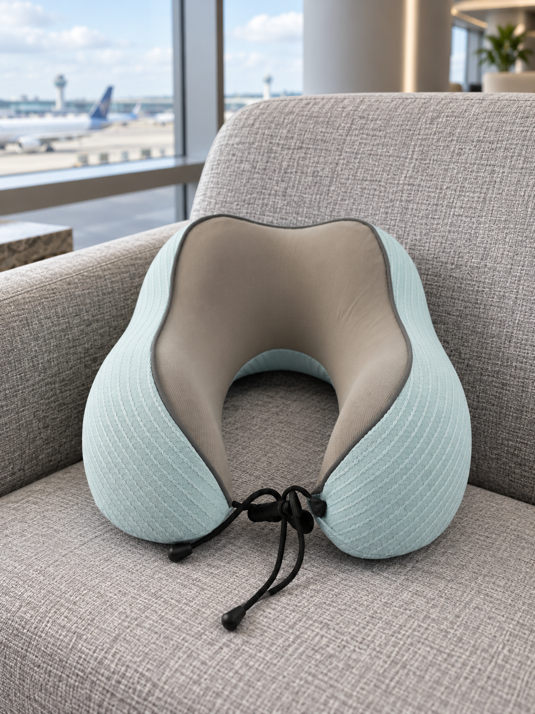 T&CO sky blue ribbed knit memory foam neck pillow with taupe interior lining and adjustable toggle drawstring
