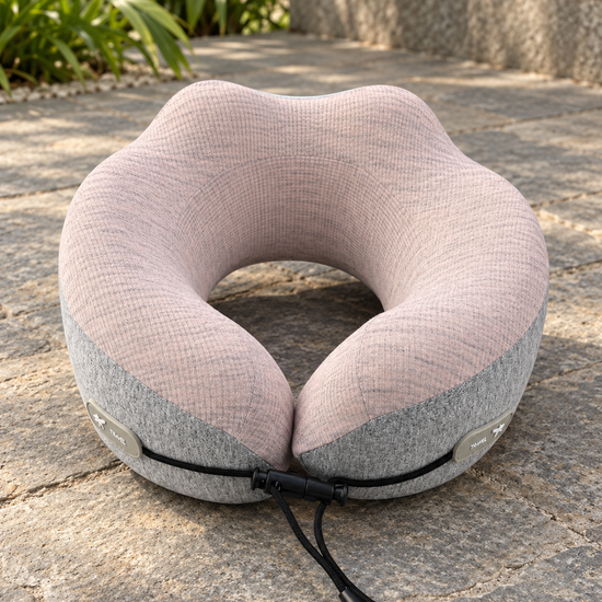T&CO dual-tone ergonomic memory foam travel neck pillow in dusty pink ribbed knit and heather grey with black toggle drawstring