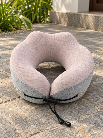 T&CO dual-tone ergonomic memory foam travel neck pillow in dusty pink ribbed knit and heather grey with black toggle drawstring