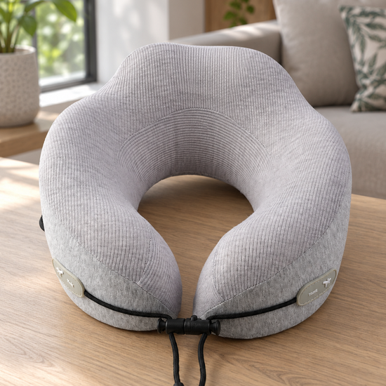 T&CO dual-tone ergonomic memory foam travel neck pillow in heather grey ribbed knit and charcoal grey with black toggle drawstring