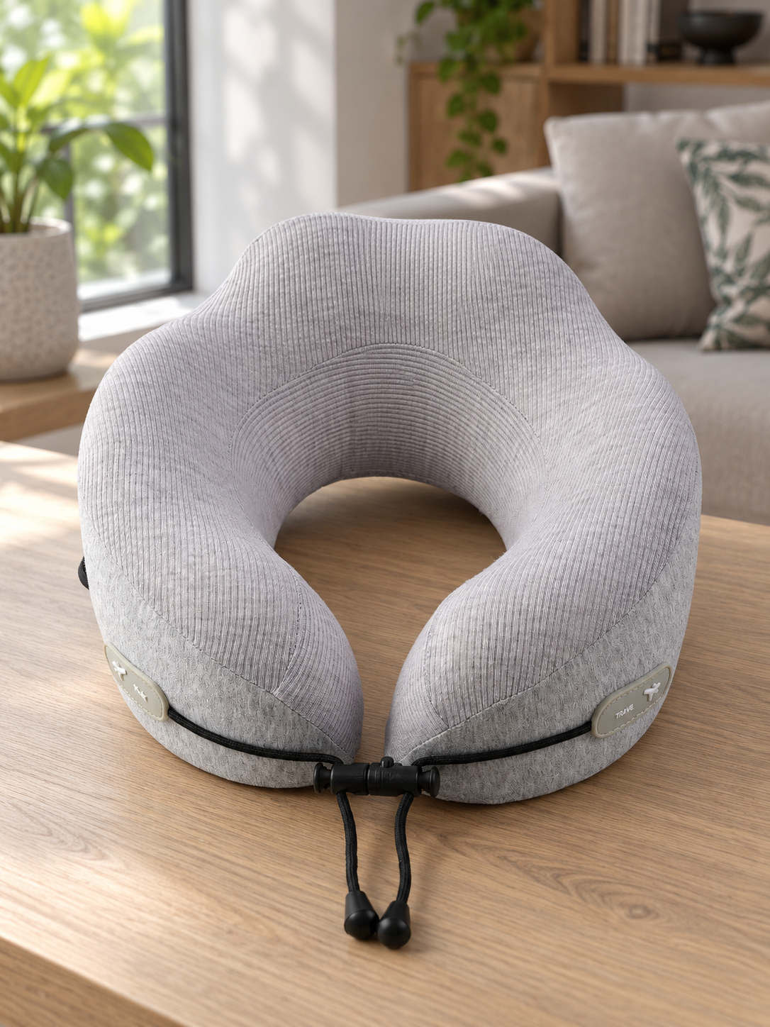 T&CO dual-tone ergonomic memory foam travel neck pillow in heather grey ribbed knit and charcoal grey with black toggle drawstring