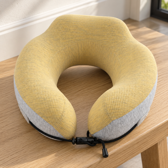 T&CO dual-tone ergonomic memory foam travel neck pillow in mustard yellow ribbed knit and heather grey with black toggle drawstring