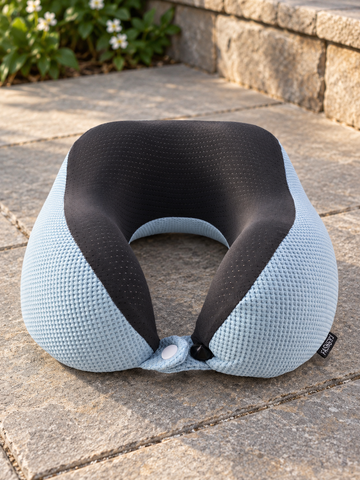 T&CO sky blue breathable waffle knit memory foam travel neck pillow with black mesh inner lining and snap button closure