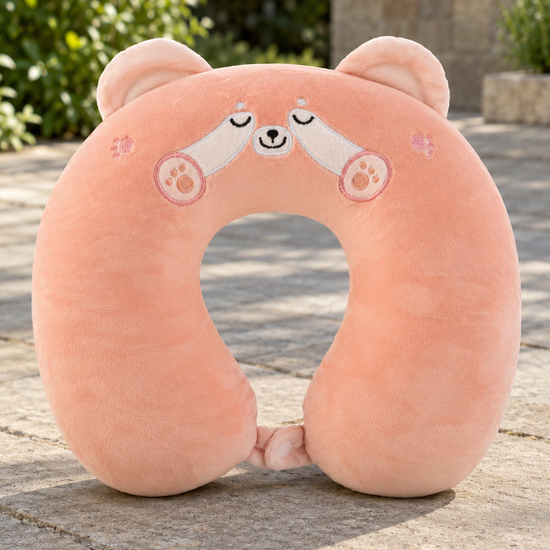 T&CO cute plush animal travel neck pillow in peach pink teddy bear design with 3D ears and snap button closure