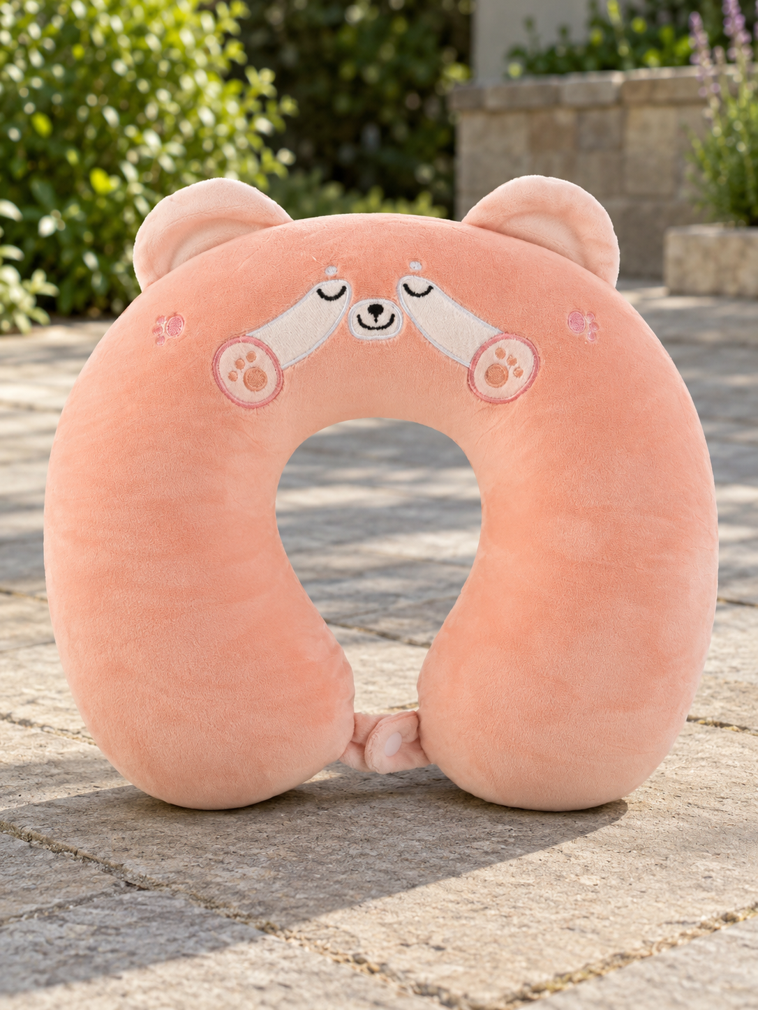 T&CO cute plush animal travel neck pillow in peach pink teddy bear design with 3D ears and snap button closure