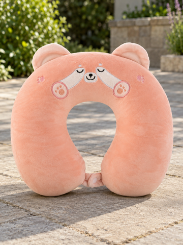 T&CO cute plush animal travel neck pillow in peach pink teddy bear design with 3D ears and snap button closure