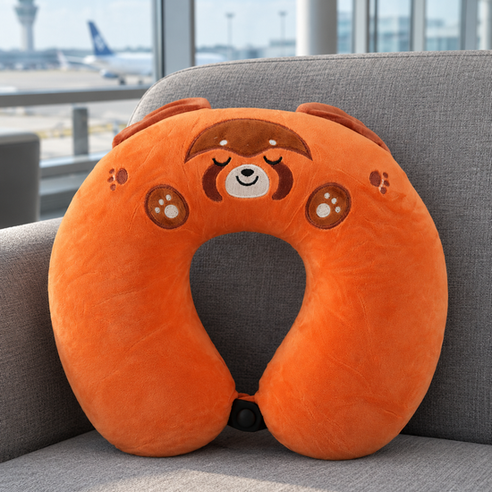 T&CO cute plush animal travel neck pillow in bright orange red panda fox design with 3D ears and snap button closure