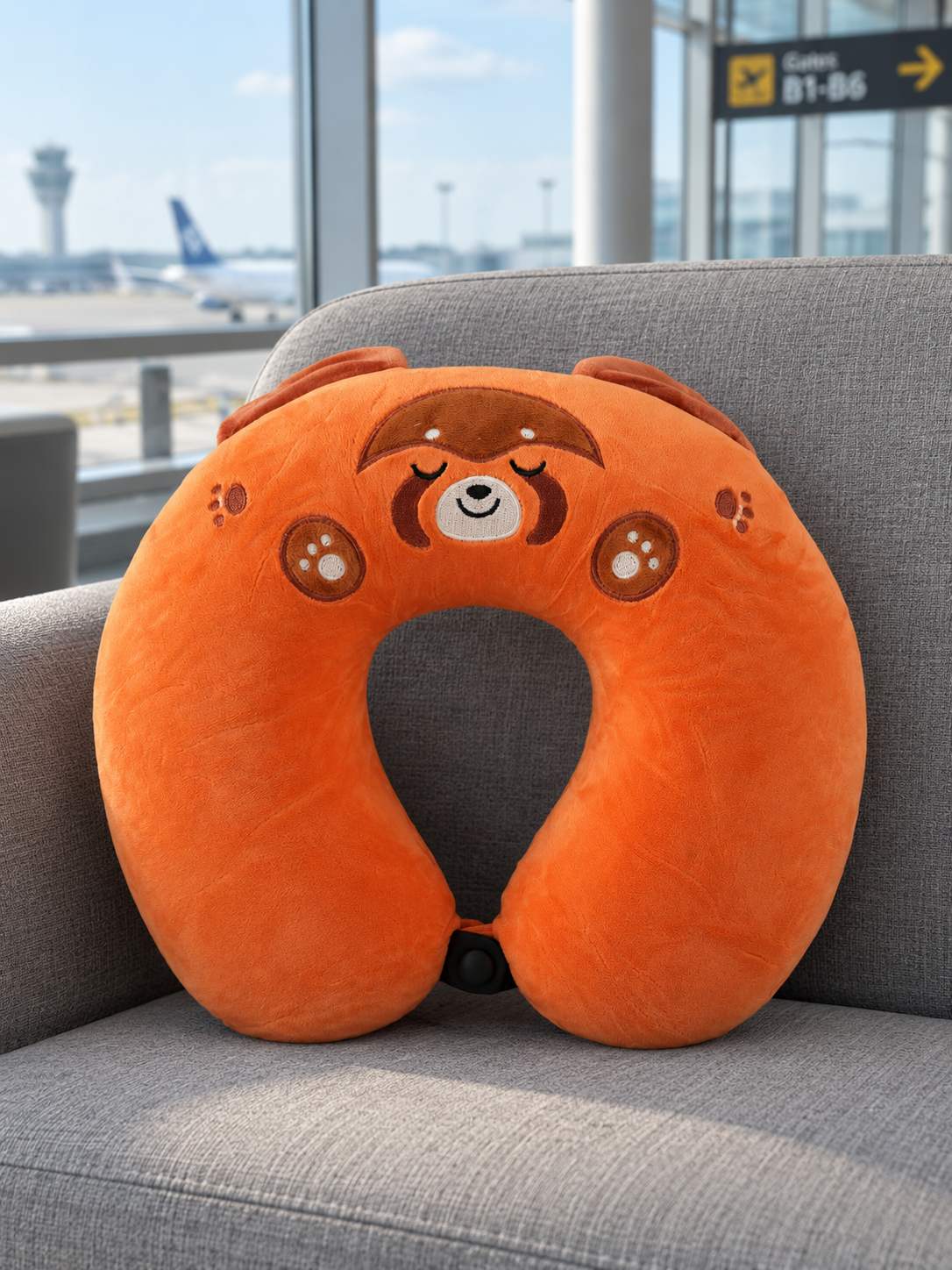 T&CO cute plush animal travel neck pillow in bright orange red panda fox design with 3D ears and snap button closure