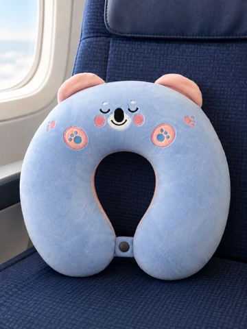 T&CO cute plush animal travel neck pillow in pastel baby blue koala bear design with pink inner ears and snap closure