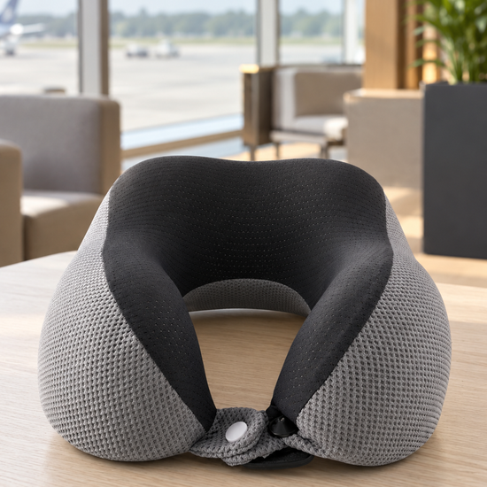 T&CO grey and black breathable waffle knit memory foam travel neck pillow with perforated cooling mesh and snap button closure