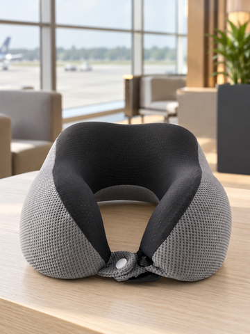 T&CO grey and black breathable waffle knit memory foam travel neck pillow with perforated cooling mesh and snap button closure