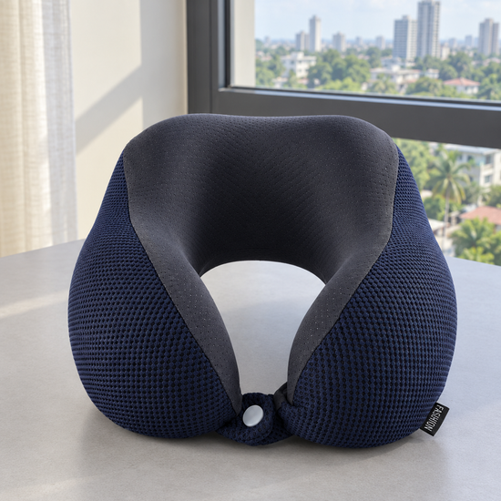 T&CO navy blue breathable waffle knit memory foam travel neck pillow with dark mesh inner lining and snap button closure