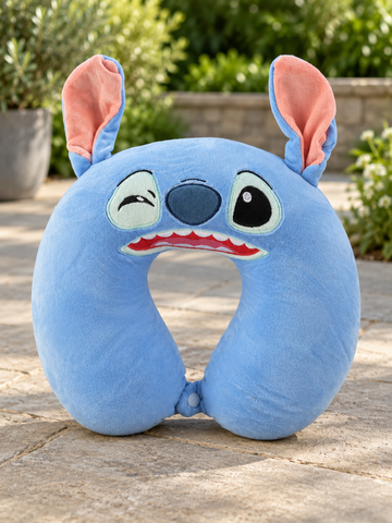 T&CO cute cartoon blue alien character plush travel neck pillow with large ears, embroidered winking face, and snap closure