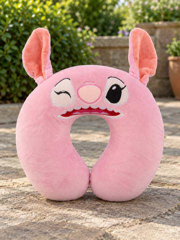 T&CO cute pink cartoon character plush travel neck pillow with 3D antenna ears, embroidered winking face, and front snap button