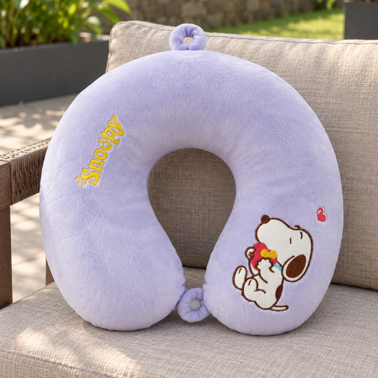 T&CO cute cartoon beagle puppy plush travel neck pillow in lavender purple with embroidered red heart and snap button closure