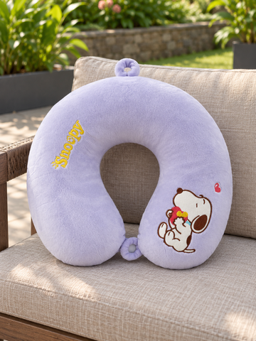 T&CO cute cartoon beagle puppy plush travel neck pillow in lavender purple with embroidered red heart and snap button closure