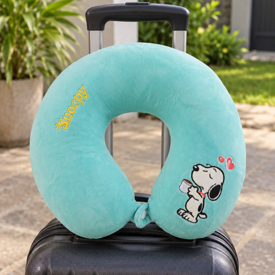 T&CO cute cartoon beagle dog plush travel neck pillow in mint aqua turquoise with embroidered coffee cup and snap button strap