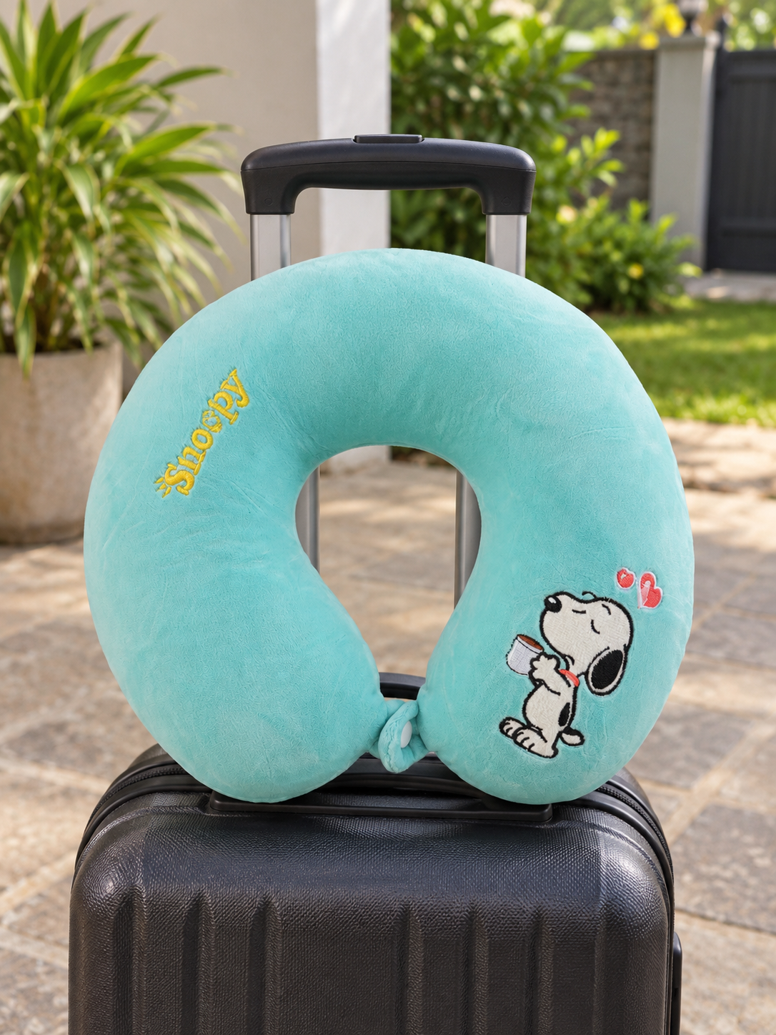 T&CO cute cartoon beagle dog plush travel neck pillow in mint aqua turquoise with embroidered coffee cup and snap button strap