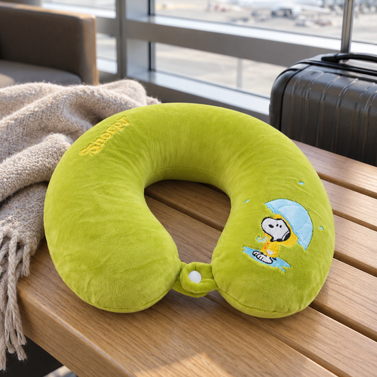 T&CO cute cartoon beagle dog plush travel neck pillow in lime green with embroidered pup under umbrella and snap button