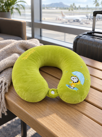 T&CO cute cartoon beagle dog plush travel neck pillow in lime green with embroidered pup under umbrella and snap button