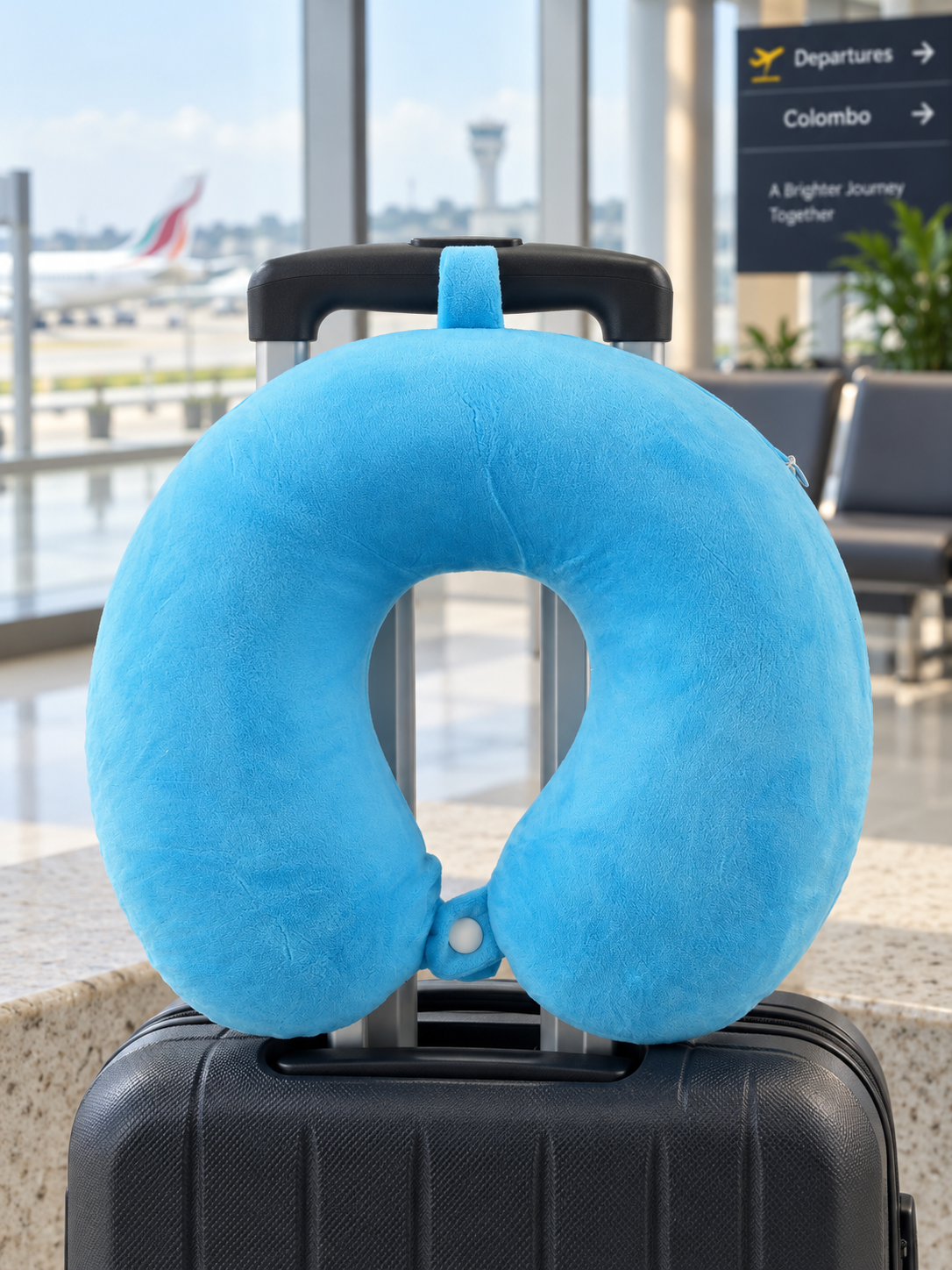 T&CO ultra-soft solid plush travel neck pillow in sky blue with top hanging loop and front snap button strap