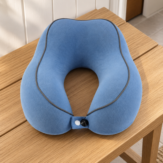 T&CO contoured memory foam travel neck pillow in slate blue with charcoal piping trim, raised cervical lobes, and snap button closure