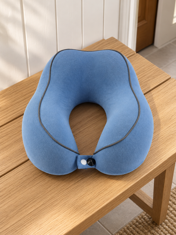 T&CO contoured memory foam travel neck pillow in slate blue with charcoal piping trim, raised cervical lobes, and snap button closure