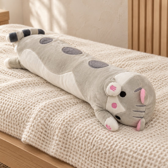 T&CO cute long sleeping cat plush body pillow in grey spotted design with pink ears, paws, and striped tail (Small 54cm)