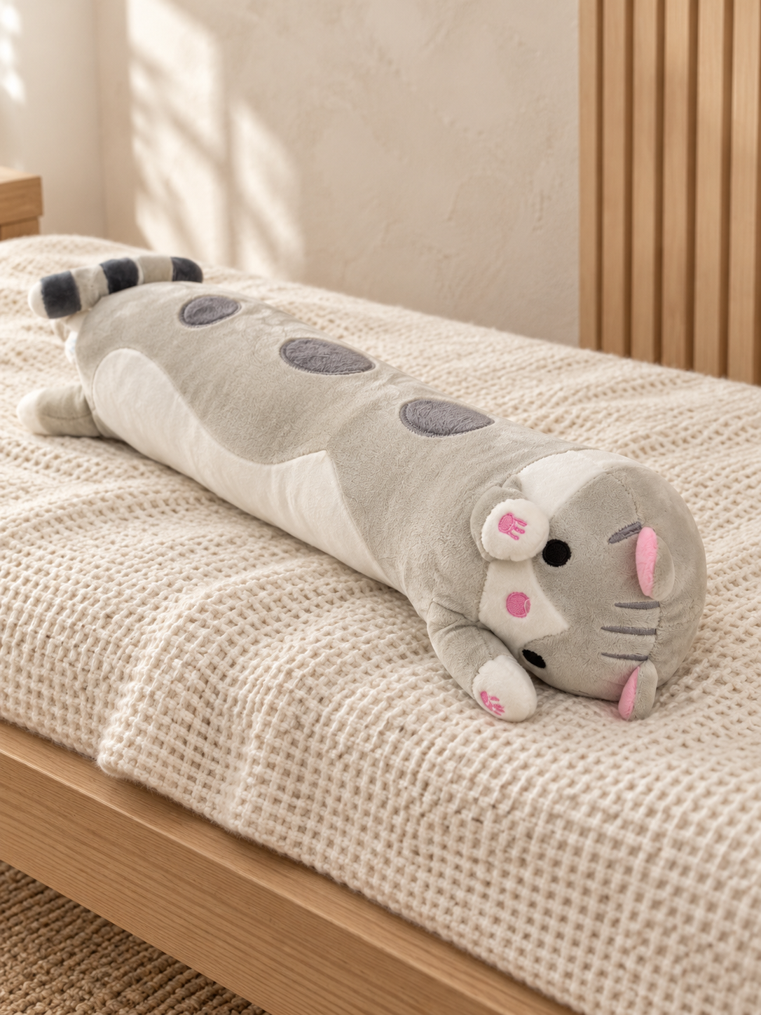T&CO cute long sleeping cat plush body pillow in grey spotted design with pink ears, paws, and striped tail (Small 54cm)