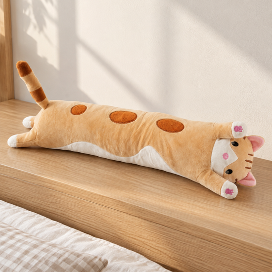 T&CO cute long sleeping cat plush body pillow in ginger tabby orange with brown spots, pink ears, and striped tail (Small 54cm)