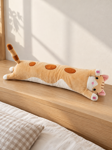 T&CO cute long sleeping cat plush body pillow in ginger tabby orange with brown spots, pink ears, and striped tail (Small 54cm)