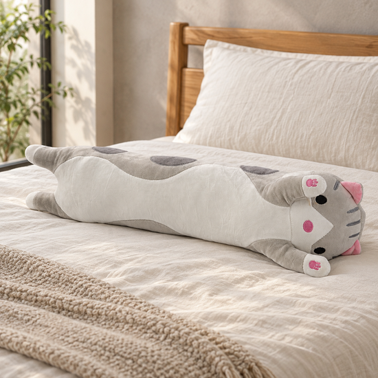 T&CO large 70cm cute long sleeping cat plush hugging body pillow in grey spotted fur with pink ears, paws, and striped tail