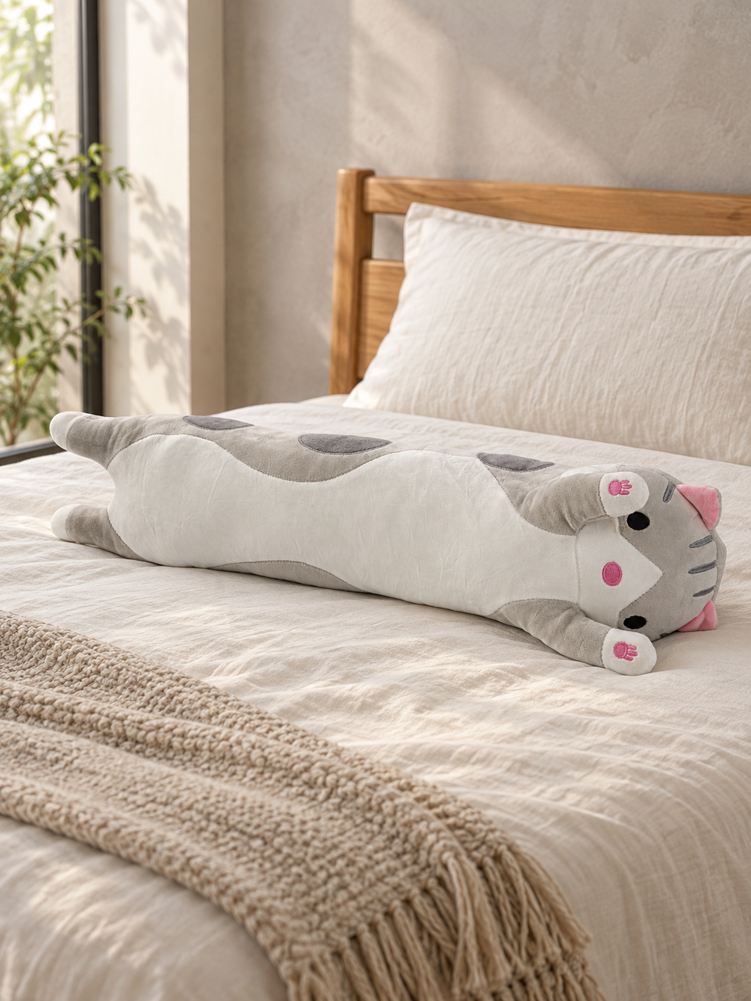 T&CO large 70cm cute long sleeping cat plush hugging body pillow in grey spotted fur with pink ears, paws, and striped tail