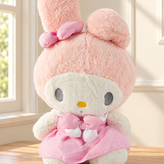 T&CO cute 41cm fluffy peach pink bunny plush toy wearing pink tiered dress with satin ribbon bow and folded ear in My Melody style