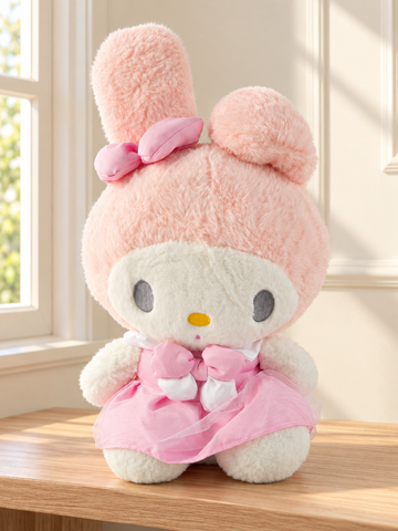 T&CO cute 41cm fluffy peach pink bunny plush toy wearing pink tiered dress with satin ribbon bow and folded ear in My Melody style