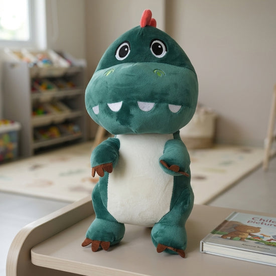 T&CO cute 34cm green T-Rex dinosaur plush stuffed toy with cream belly, red dorsal crest, and soft felt claws