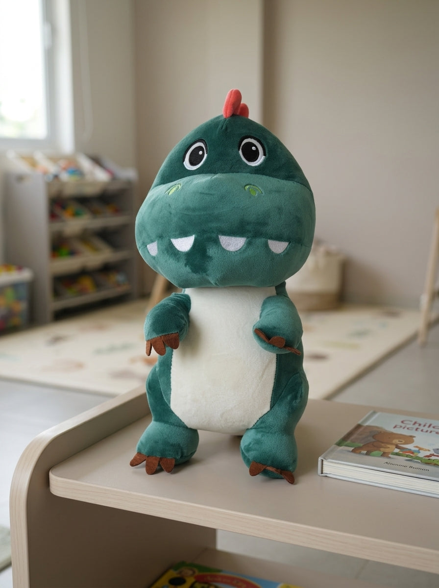 T&CO cute 34cm green T-Rex dinosaur plush stuffed toy with cream belly, red dorsal crest, and soft felt claws