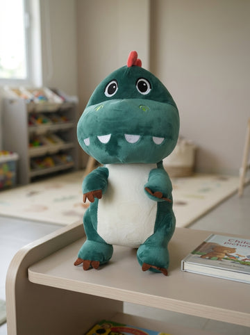 T&CO cute 34cm green T-Rex dinosaur plush stuffed toy with cream belly, red dorsal crest, and soft felt claws