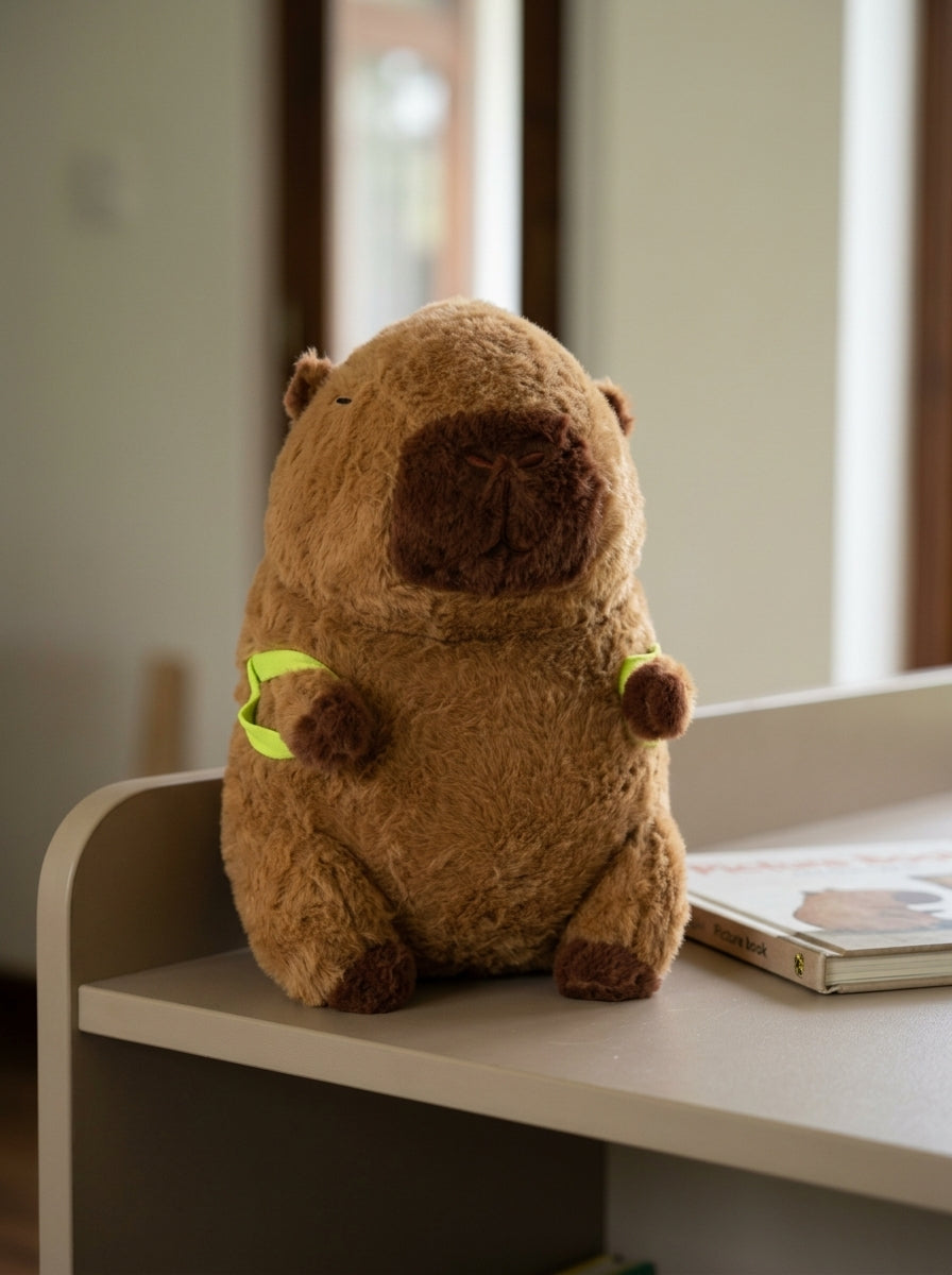 T&CO cute 24cm fluffy brown capybara plush stuffed toy with squinty sleeping eyes and neon green backpack shoulder straps