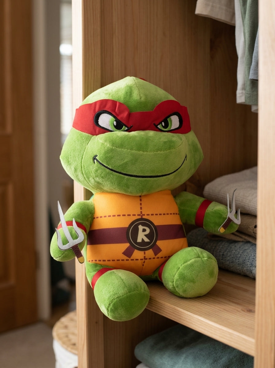 T&CO TMNT Ninja Turtle Raphael plush toy with red eye mask, 'R' belt buckle, and twin sai daggers (31cm)