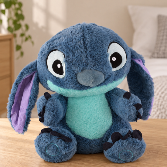 T&CO cute 25cm fluffy blue alien plush toy with floppy purple-lined ears, aqua tummy, and inquisitive eyes in Stitch style